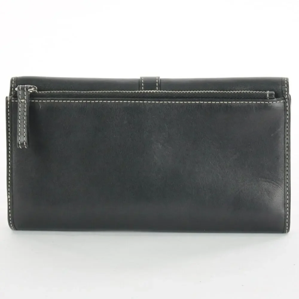 Coach Vintage Black Leather Silver Buckle Trifold Checkbook Wallet